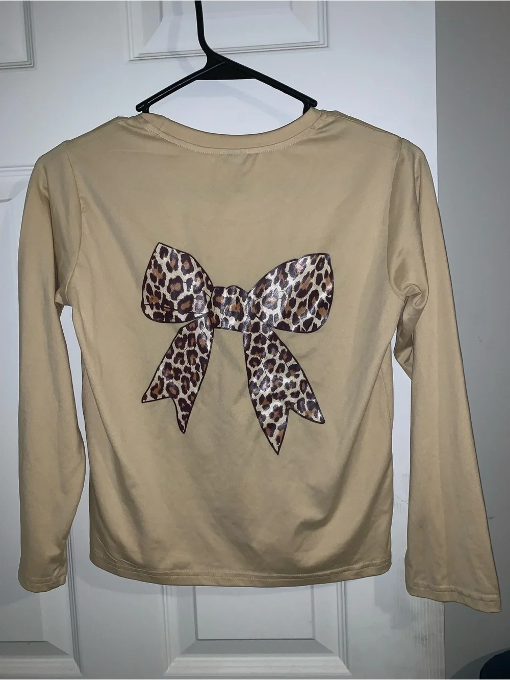 Kids Long Sleeve Cream Top with Leopard Bow Detail